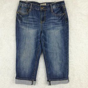 Earl Jean Womens Jeans Capri Blue Denim Med Wash‎ Mid Rise Embroidered Cuffed 8
